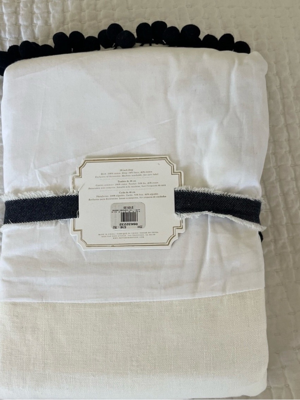 Emily & Meritt Pom Pom Full Bedskirt - Ivory with Black Trim 18” Drop NEW - Picture 7 of 8